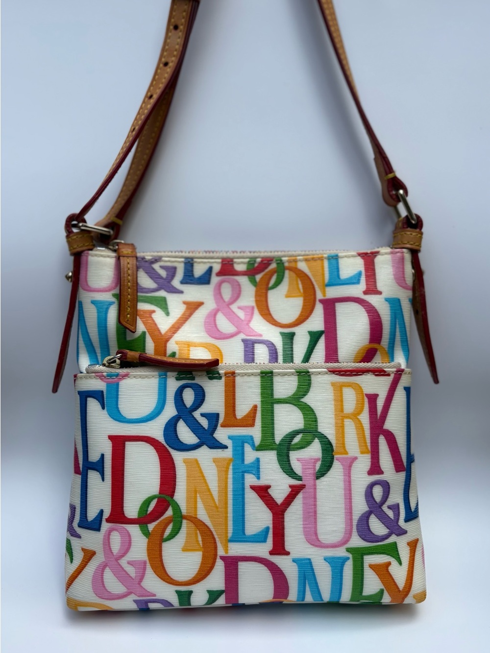 Dooney & Bourke Vintage Multicolor Logo Carrier Crossbody Gold Hardware